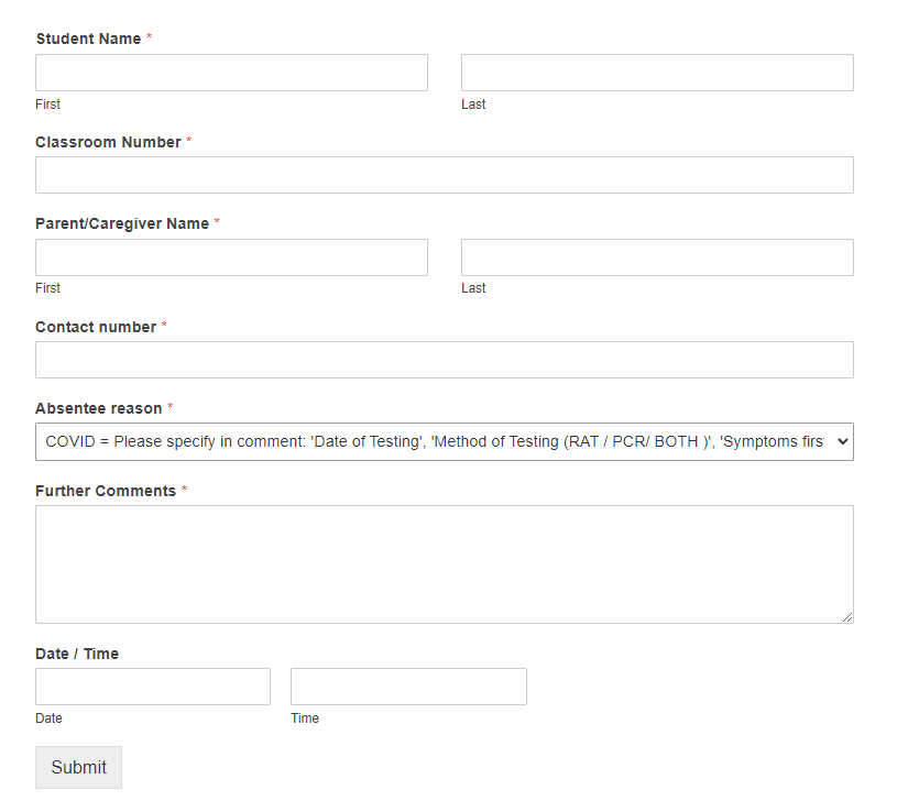 online form example for East Adelaide School